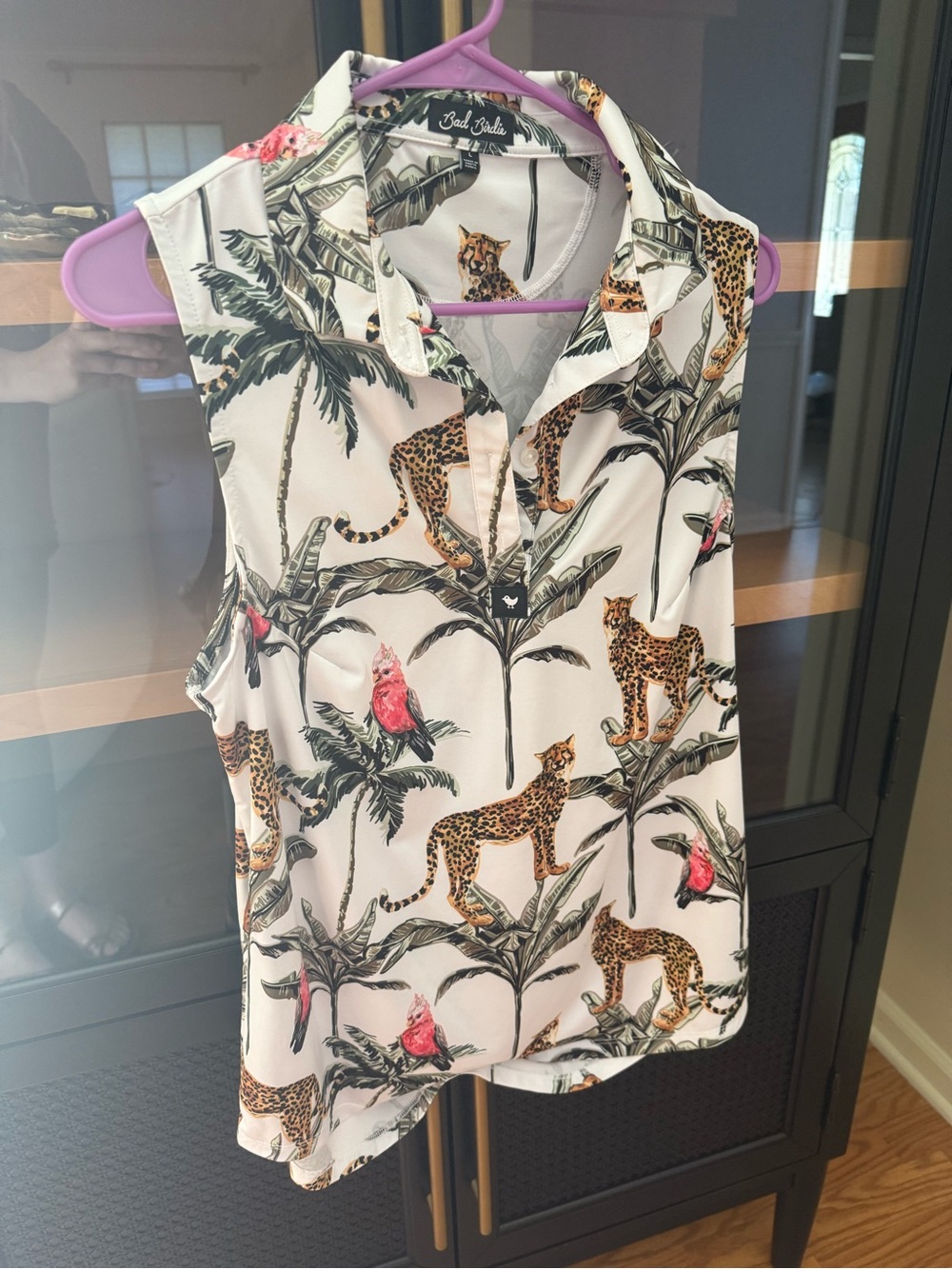 Bad Birdie White Tropical Leopard & Pink Bird Sleeveless Camisole